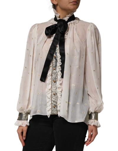 Dolce & Gabbana Weiß Schwarz Seide Langarm Ascot Kragen Top