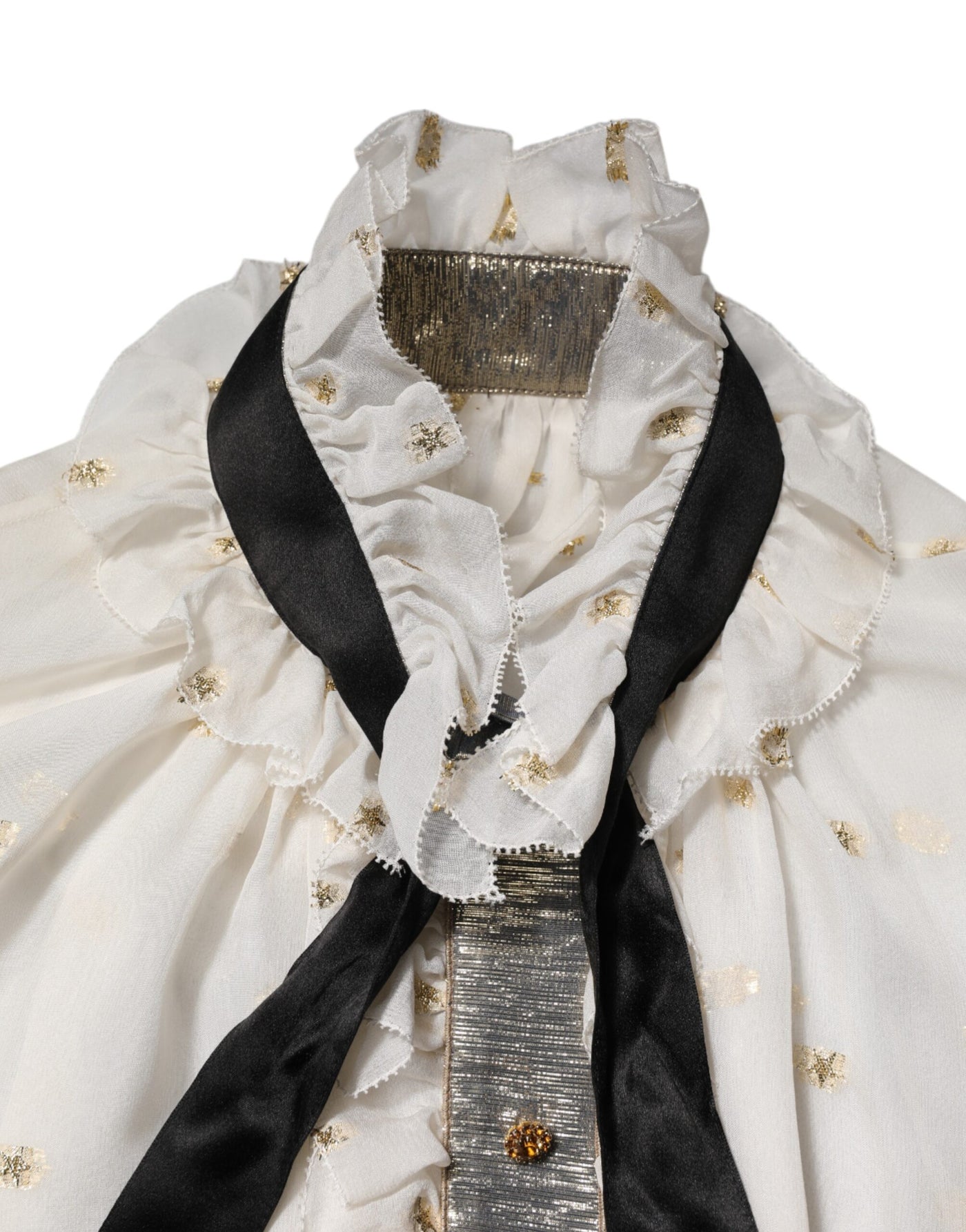 Dolce & Gabbana Weiß Schwarz Seide Langarm Ascot Kragen Top