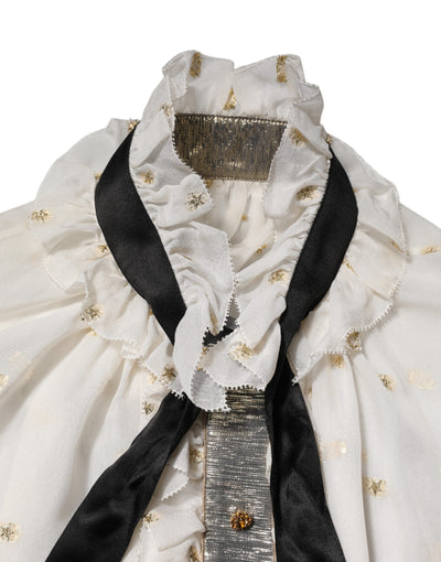 Dolce & Gabbana Weiß Schwarz Seide Langarm Ascot Kragen Top