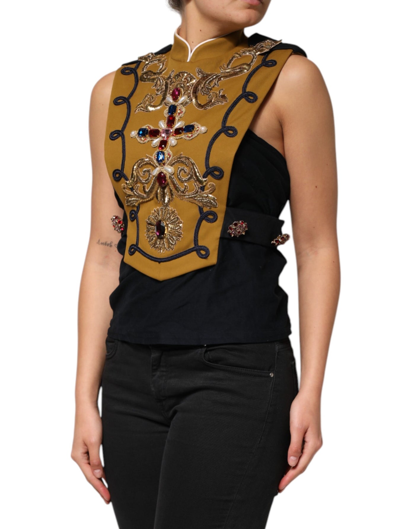Dolce & Gabbana Gelbe Crystal Cross Runway Weste Jacke Top