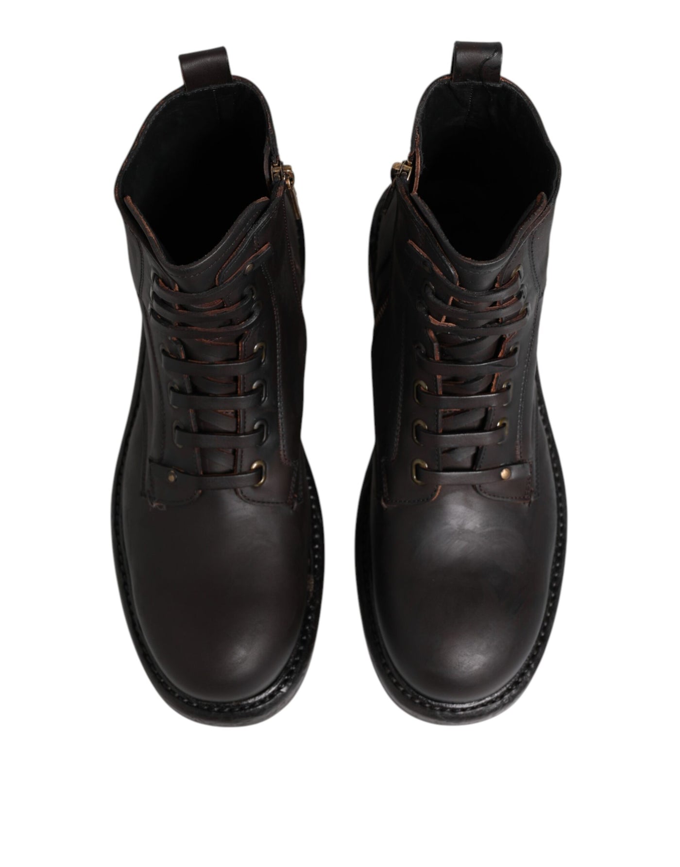 Dolce & Gabbana Dunkelbraune Leder-Schnürstiefel mit mittlerer Wade