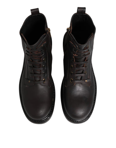 Dolce & Gabbana Dunkelbraune Leder-Schnürstiefel mit mittlerer Wade