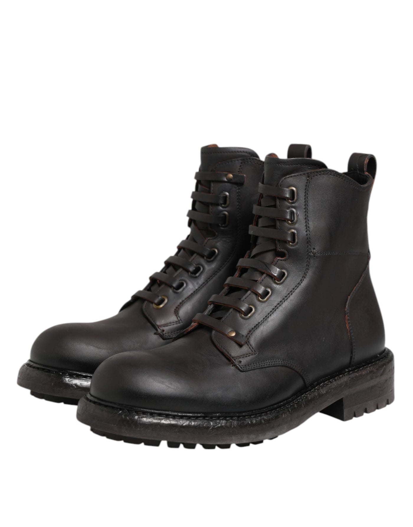 Dolce & Gabbana Dunkelbraune Leder-Schnürstiefel mit mittlerer Wade