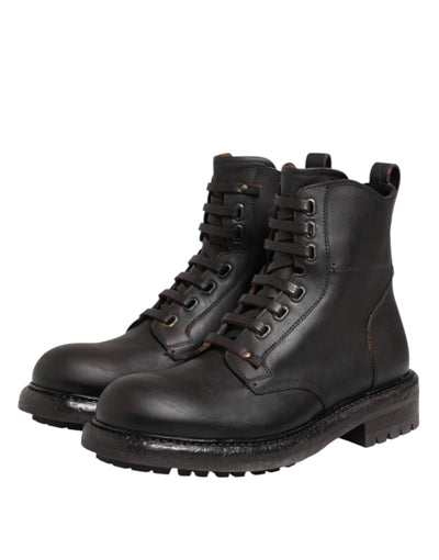 Dolce & Gabbana Dunkelbraune Leder-Schnürstiefel mit mittlerer Wade