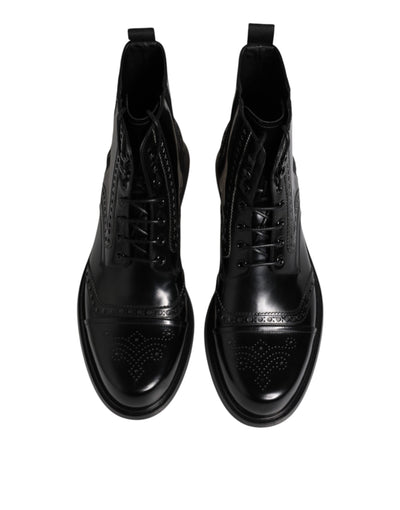 Dolce & Gabbana Schwarze Leder Schnürstiefel mit mittlerer Wade