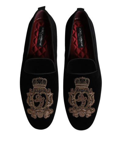 Dolce & Gabbana Schwarzer Samt Gold Crown Herren Loafers Schuhe