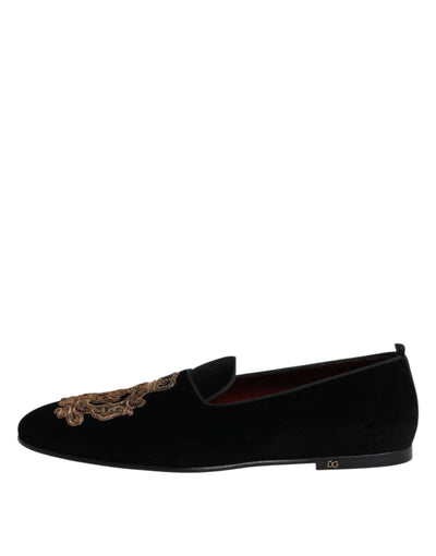 Dolce & Gabbana Schwarzer Samt Gold Crown Herren Loafers Schuhe