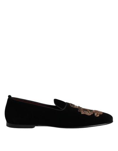 Dolce & Gabbana Schwarzer Samt Gold Crown Herren Loafers Schuhe