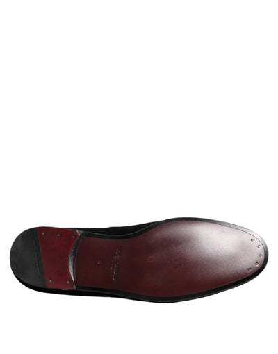 Dolce & Gabbana Schwarzer Samt Gold Crown Herren Loafers Schuhe