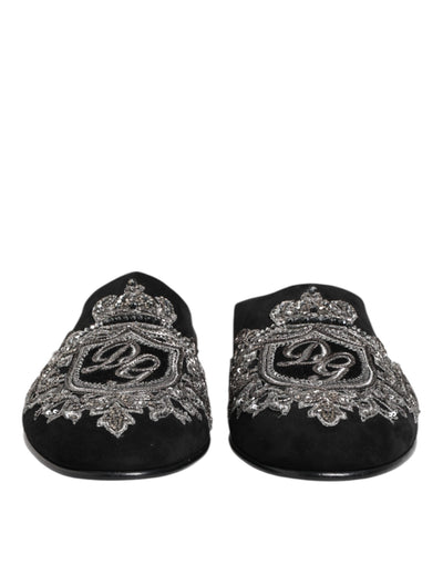 Dolce & Gabbana Schwarzer Samt Slides DG Crown Slipper Schuhe