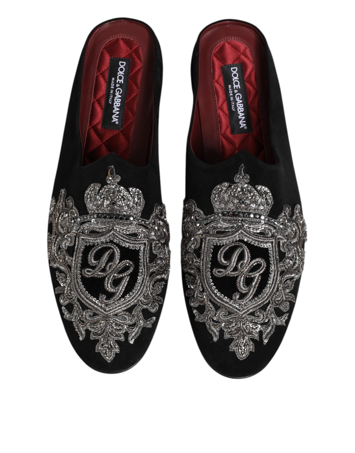 Dolce & Gabbana Schwarzer Samt Slides DG Crown Slipper Schuhe