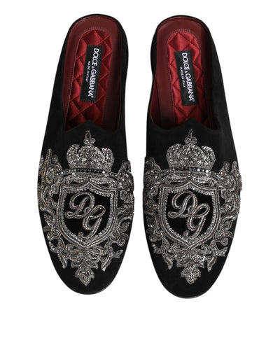 Dolce & Gabbana Schwarzer Samt Slides DG Crown Slipper Schuhe
