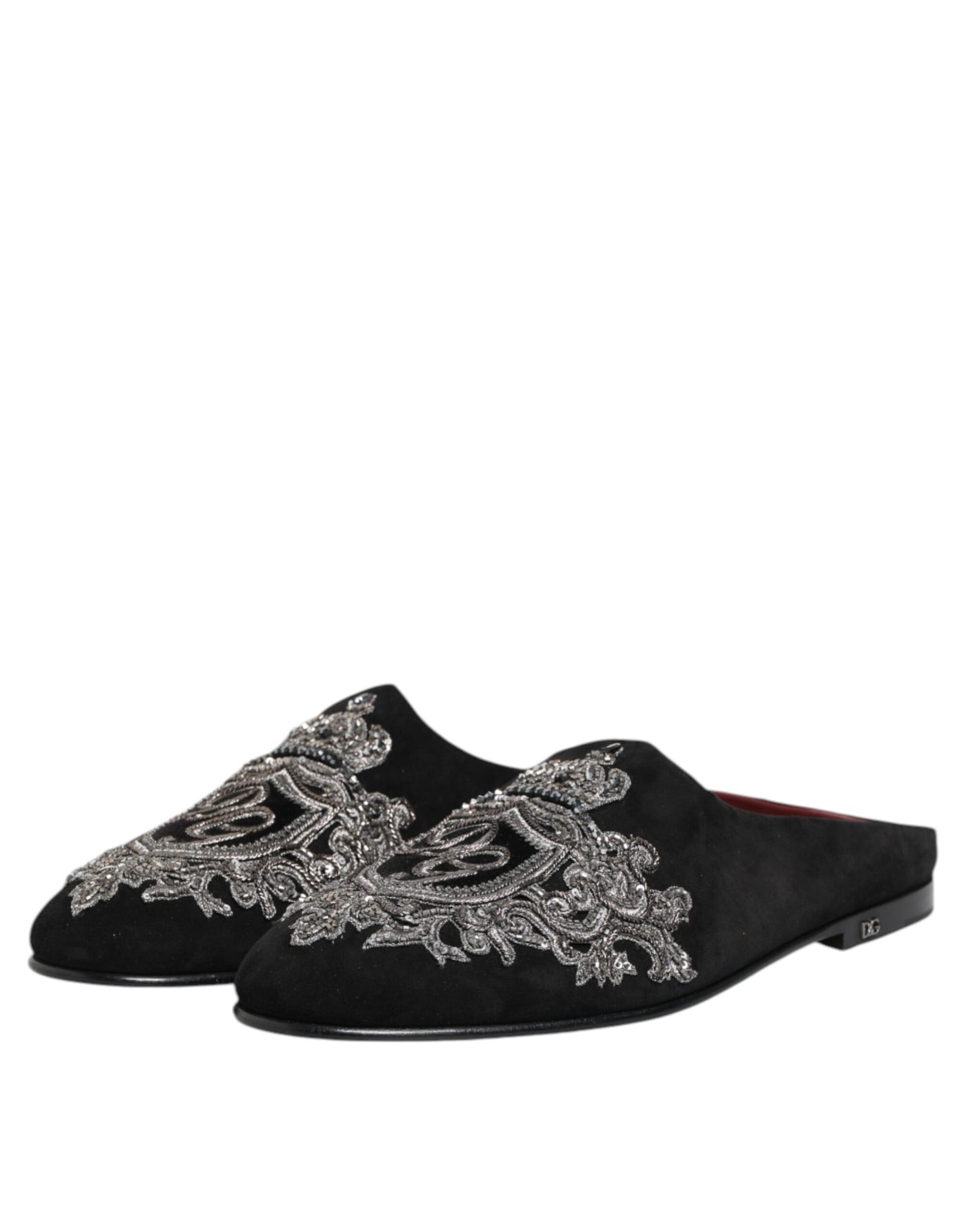 Dolce & Gabbana Schwarzer Samt Slides DG Crown Slipper Schuhe