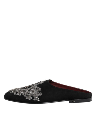 Dolce & Gabbana Schwarzer Samt Slides DG Crown Slipper Schuhe