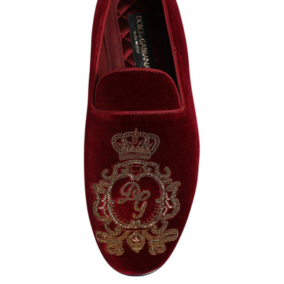 Dolce & Gabbana Red Velvet Gold Crown Herren Loafers Schuhe