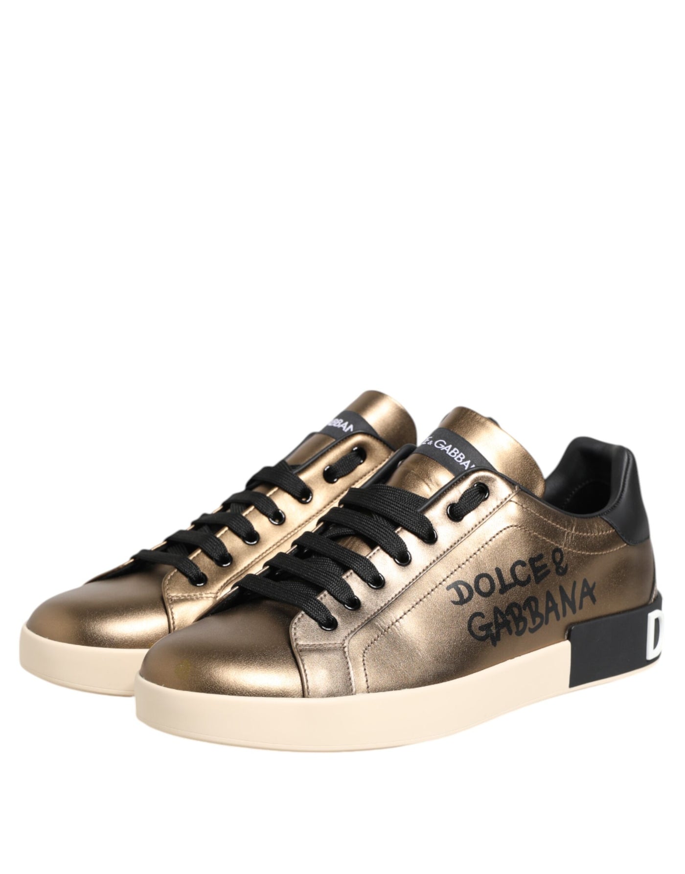 Dolce & Gabbana Gold Portofino Leder Low Top Sneakers Schuhe