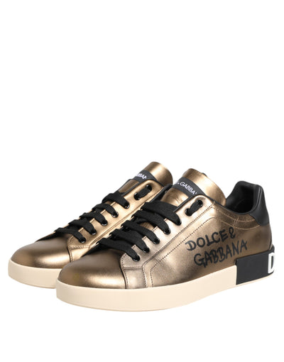 Dolce & Gabbana Gold Portofino Leder Low Top Sneakers Schuhe