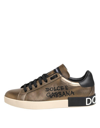Dolce & Gabbana Gold Portofino Leder Low Top Sneakers Schuhe