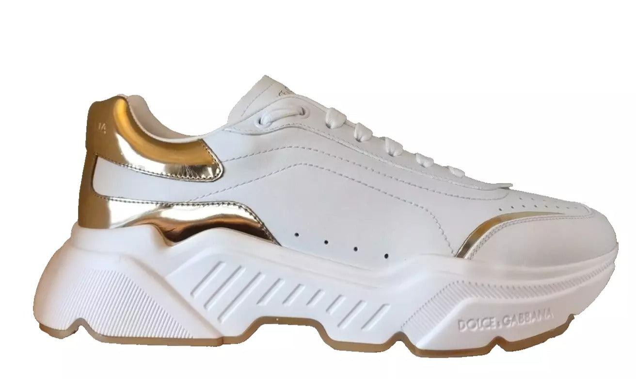 Dolce & Gabbana Weiß Gold DAYMASTER Leder Turnschuhe Herren Schuhe