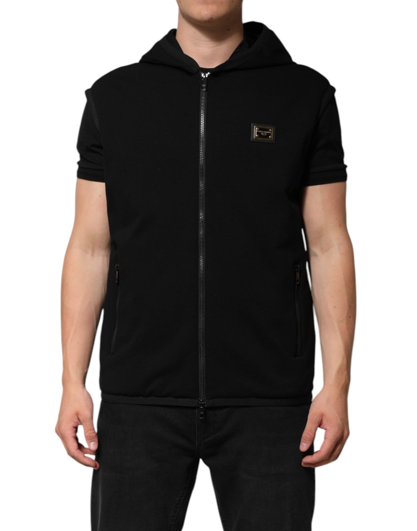 Dolce & Gabbana Schwarze ärmellose Jacke mit Kapuze und Logo-Plakette