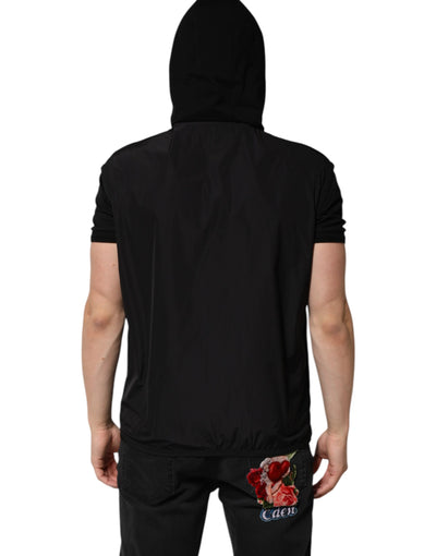 Dolce & Gabbana Schwarze ärmellose Jacke mit Kapuze und Logo-Plakette