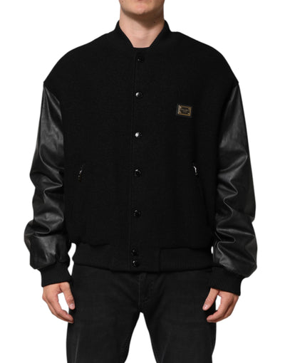 Dolce & Gabbana Schwarze Bomberjacke mit Logo-Plakette aus Wolle