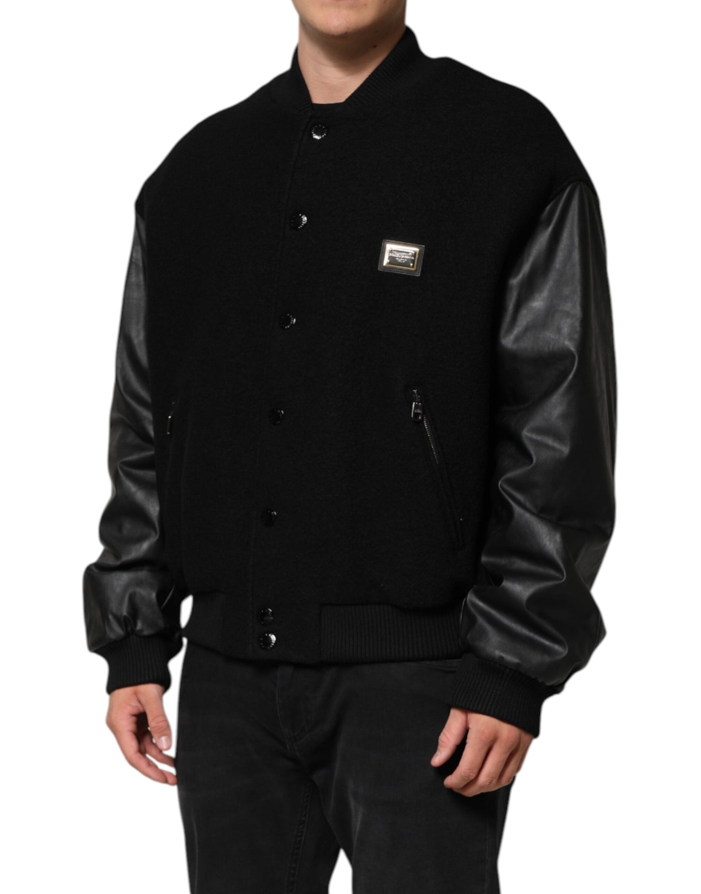 Dolce & Gabbana Schwarze Bomberjacke mit Logo-Plakette aus Wolle