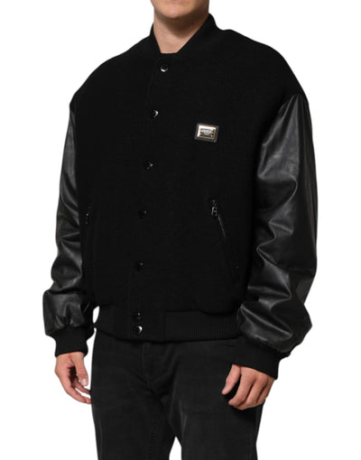 Dolce & Gabbana Schwarze Bomberjacke mit Logo-Plakette aus Wolle
