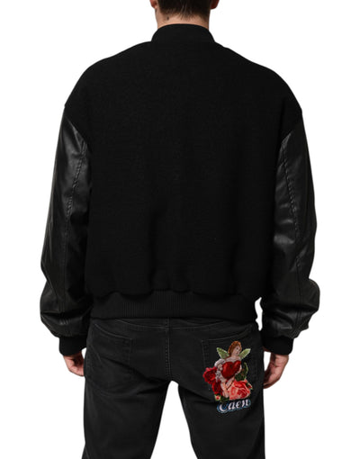 Dolce & Gabbana Schwarze Bomberjacke mit Logo-Plakette aus Wolle