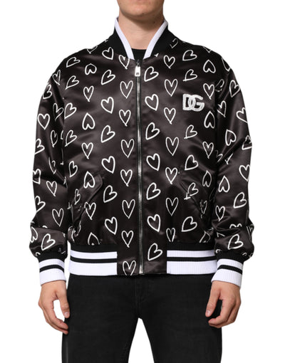 Dolce & Gabbana Schwarze Polyester-Bomberjacke mit Herz-Print