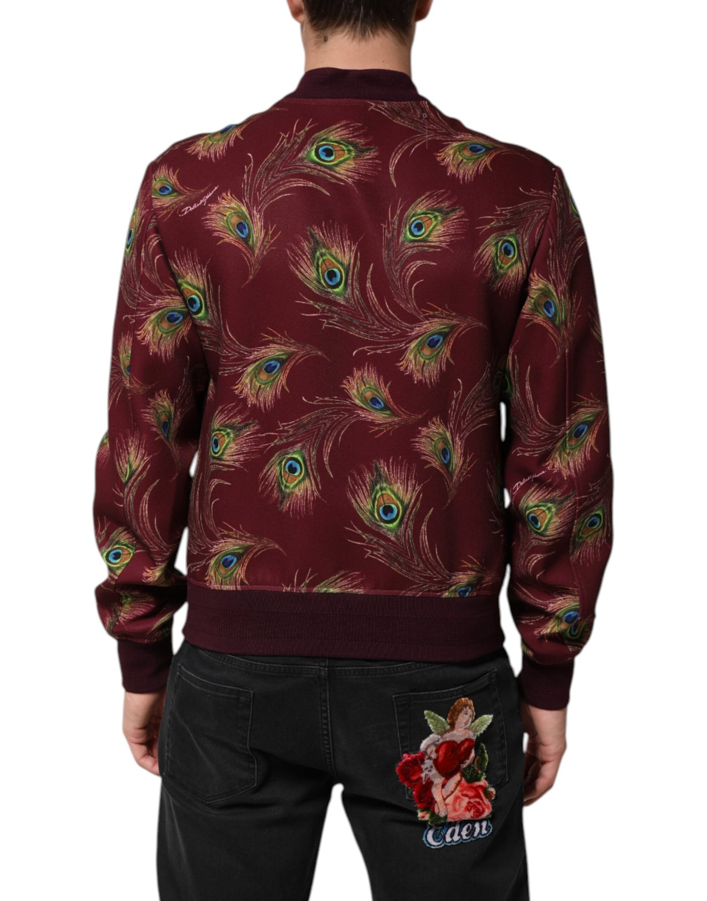 Dolce & Gabbana Kastanienbraune Bomberjacke mit Pfauenfedern
