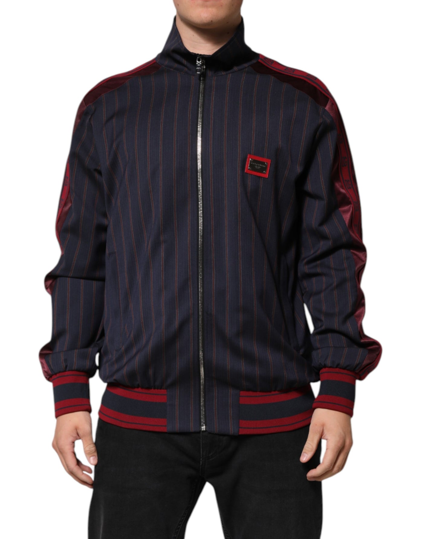 Dolce & Gabbana Blau-rot gestreifte Logo-Plakette Full Zip Jacke