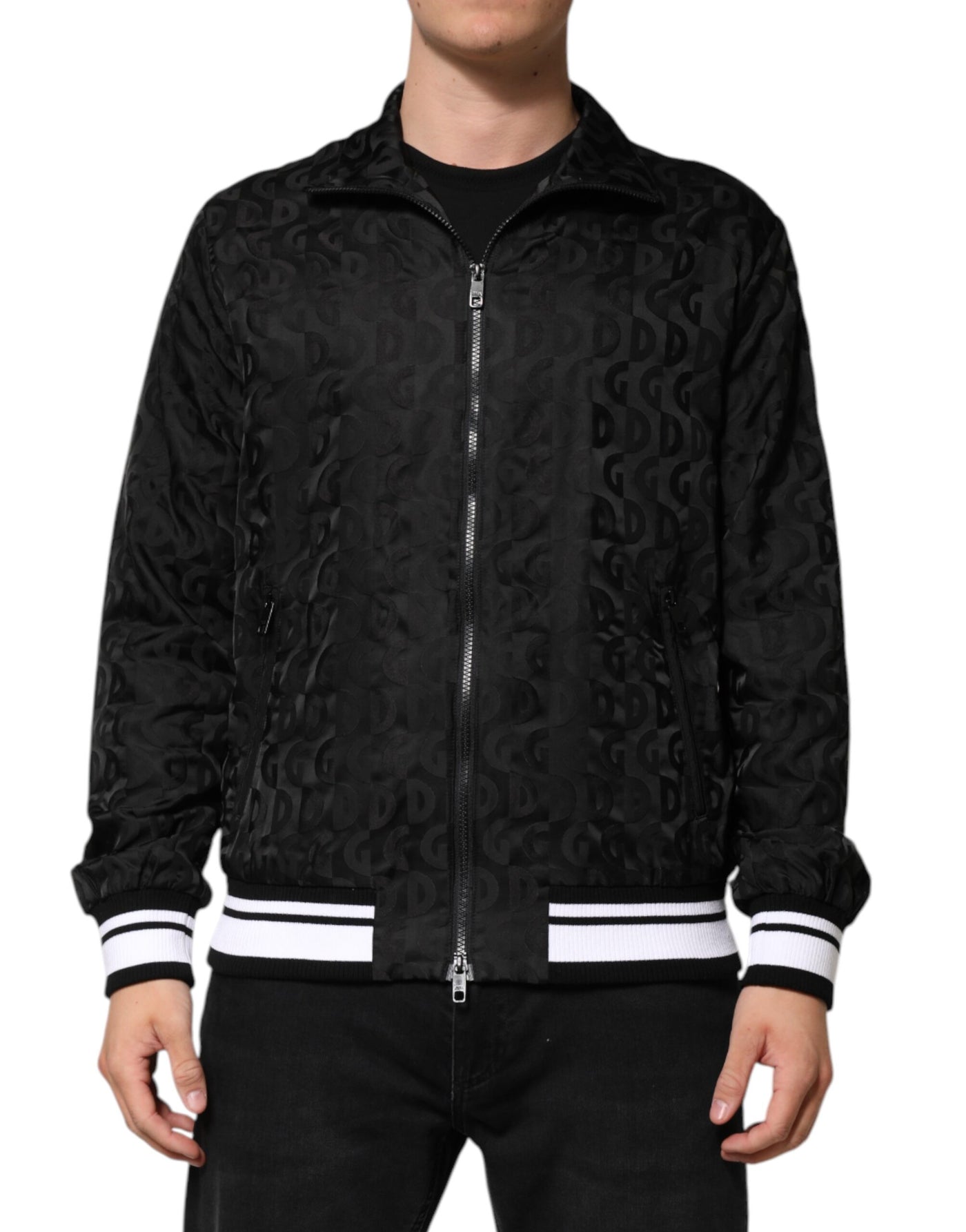 Dolce & Gabbana Schwarzer Jacquard-Männer-Bomberpullover mit Reißverschluss