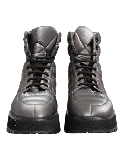 Dolce & Gabbana Silberne gepolsterte Mid Calf Lace Up Stiefel Schuhe