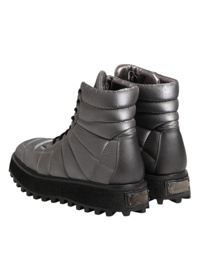 Dolce & Gabbana Silberne gepolsterte Mid Calf Lace Up Stiefel Schuhe