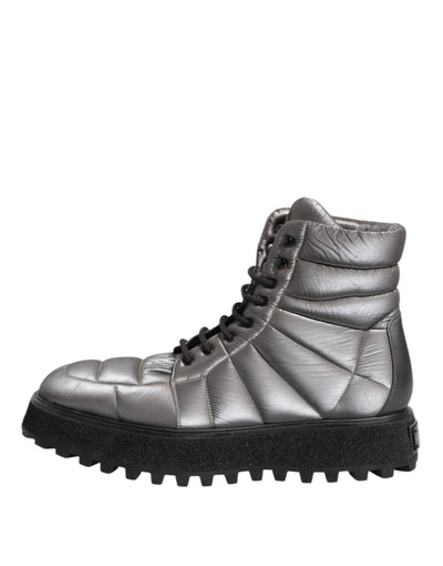 Dolce & Gabbana Silberne gepolsterte Mid Calf Lace Up Stiefel Schuhe