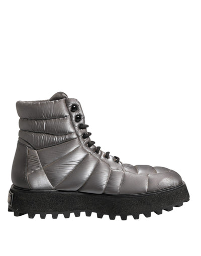 Dolce & Gabbana Silberne gepolsterte Mid Calf Lace Up Stiefel Schuhe