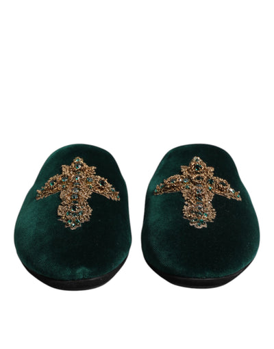 Dolce & Gabbana Grüner Samt Kreuz verschönert Pantoffeln Schuhe