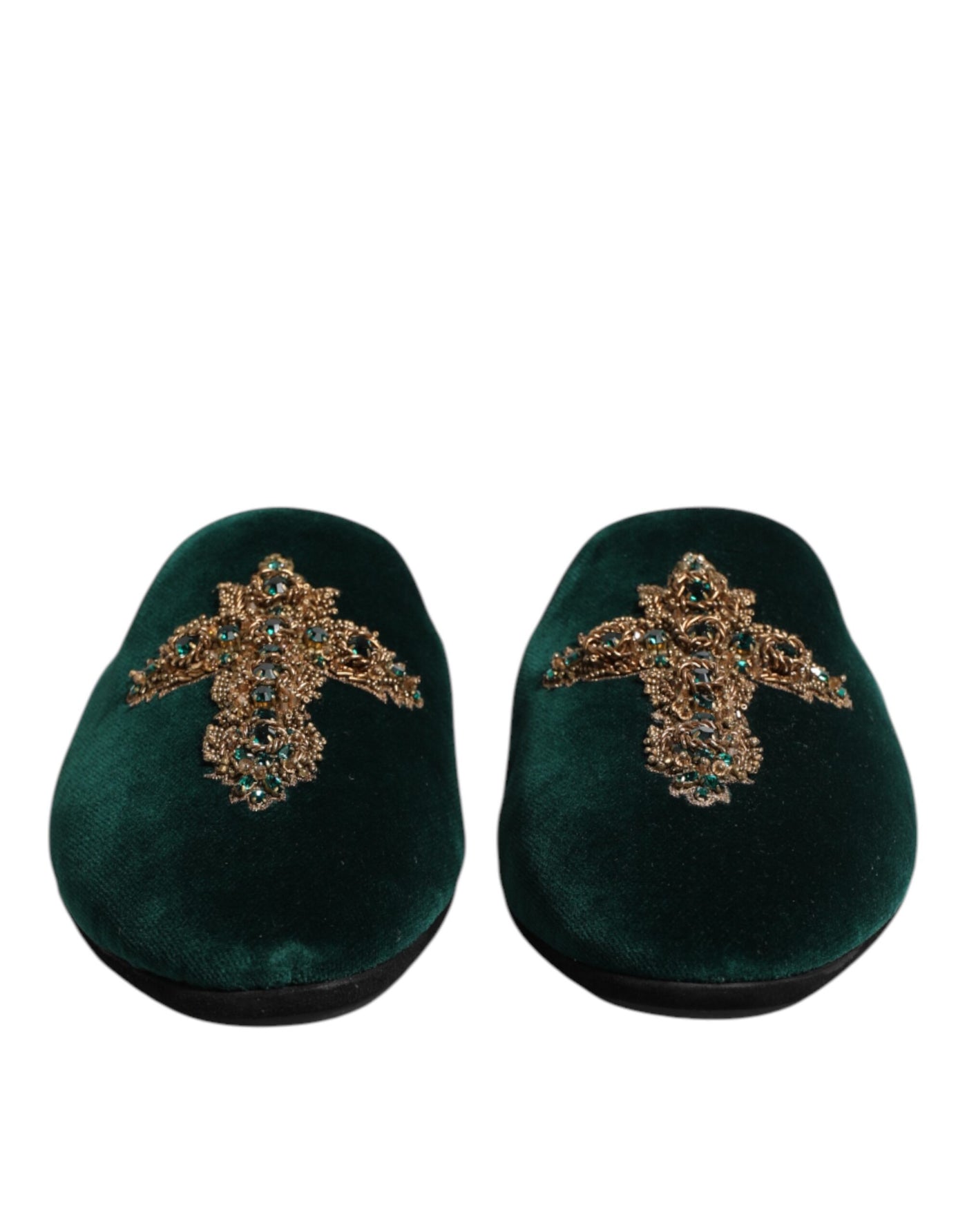 Dolce & Gabbana Grüner Samt Kreuz verschönert Pantoffeln Schuhe