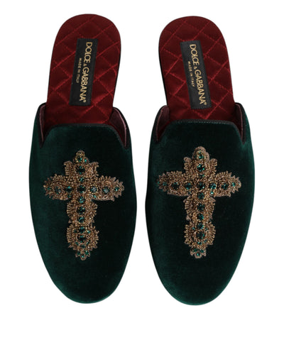 Dolce & Gabbana Grüner Samt Kreuz verschönert Pantoffeln Schuhe