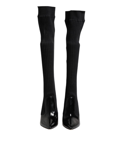 Dolce & Gabbana Schwarze Leder Rippenstrick-Kniestiefel Schuhe