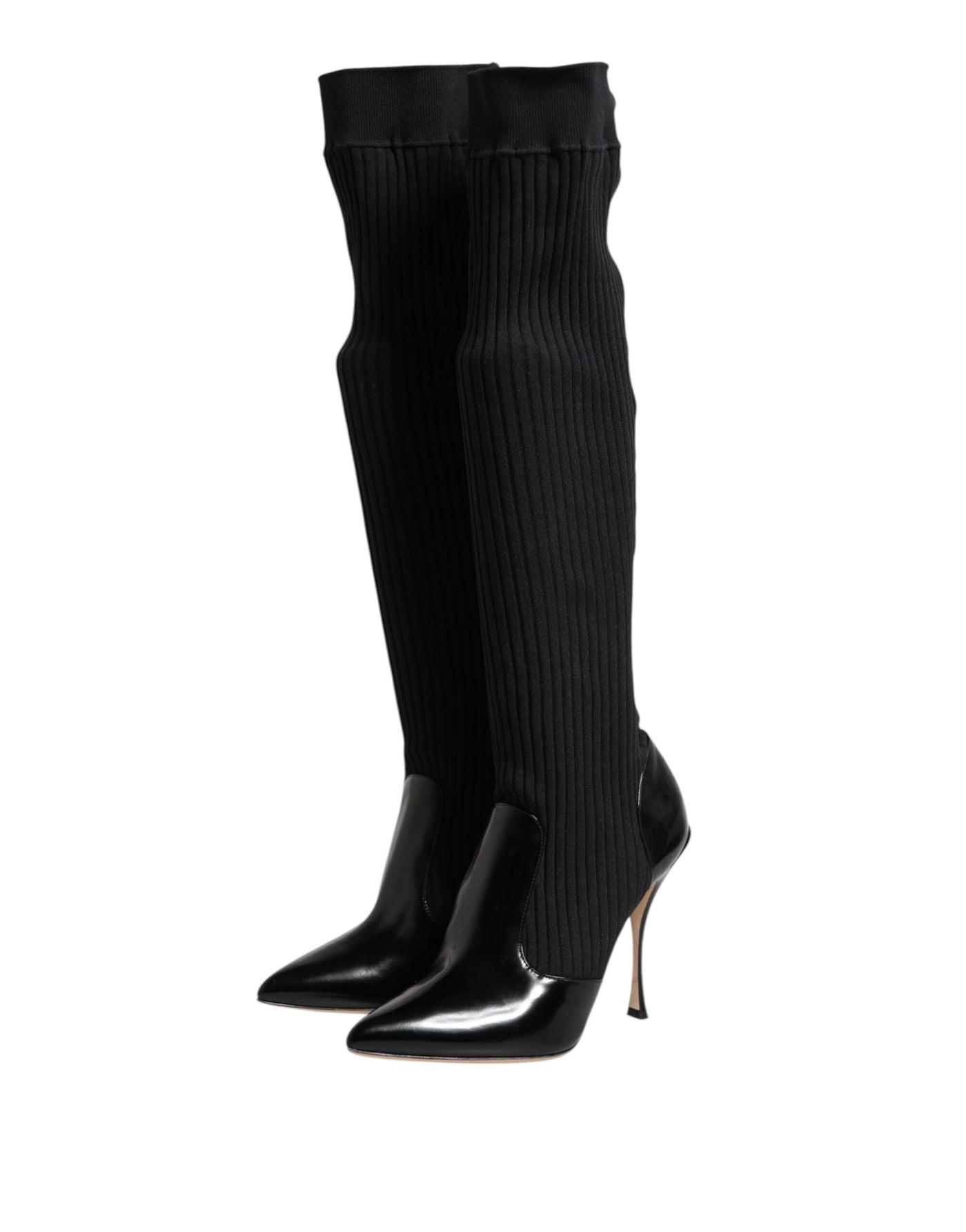 Dolce & Gabbana Schwarze Leder Rippenstrick-Kniestiefel Schuhe