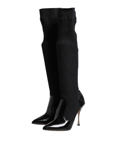 Dolce & Gabbana Schwarze Leder Rippenstrick-Kniestiefel Schuhe