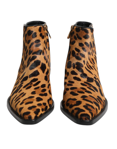 Dolce & Gabbana Braun Leopard Kalb Pelz Ankle Stiefel Schuhe