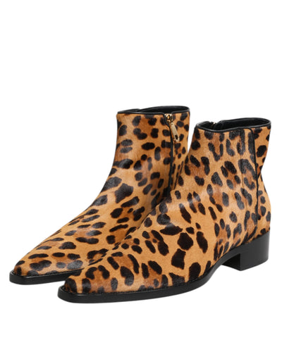 Dolce & Gabbana Braun Leopard Kalb Pelz Ankle Stiefel Schuhe