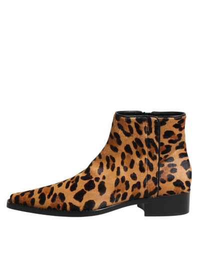 Dolce & Gabbana Braun Leopard Kalb Pelz Ankle Stiefel Schuhe