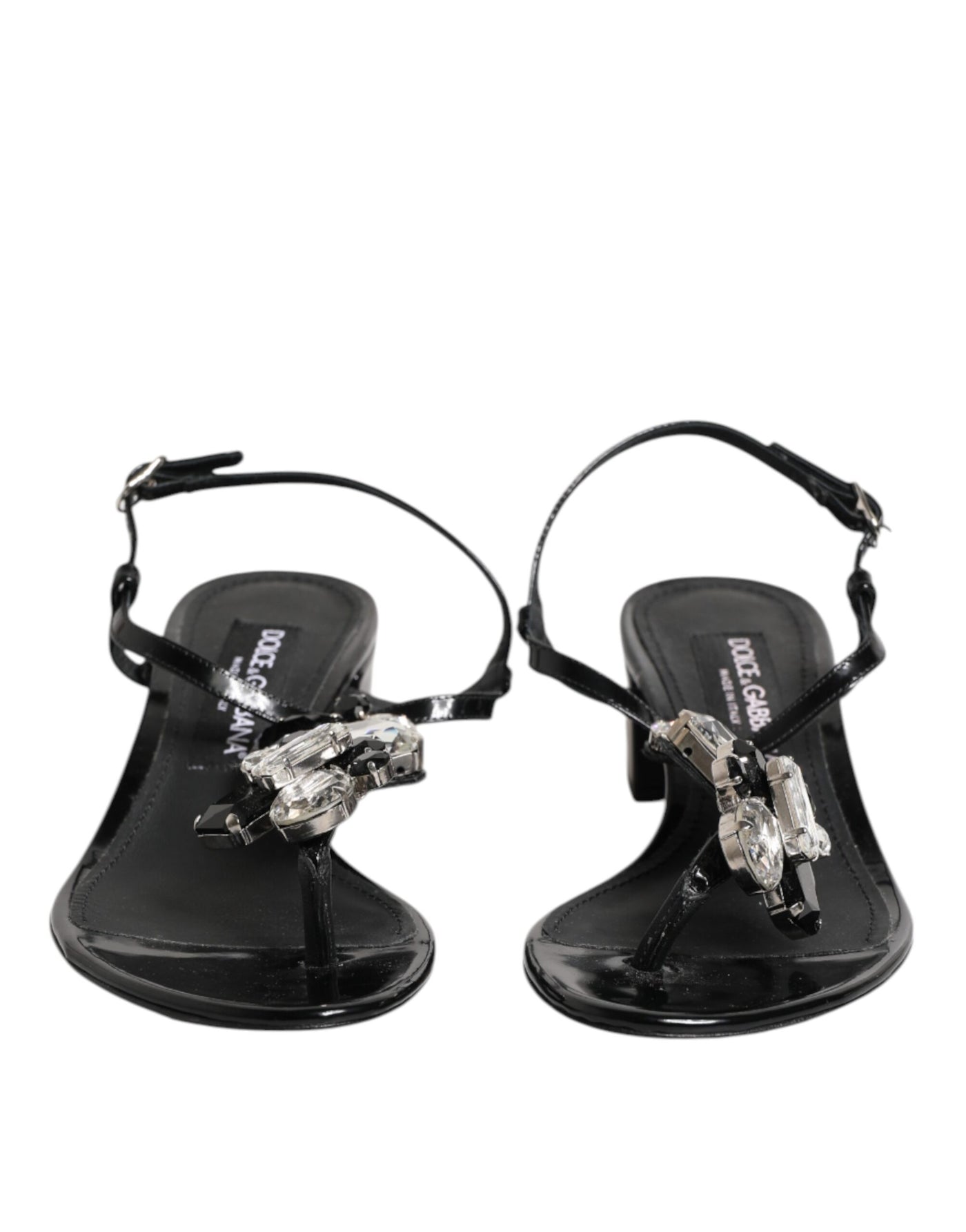 Dolce & Gabbana Schwarze Leder-Kristall-Knöchelriemen-Sandalen Schuhe