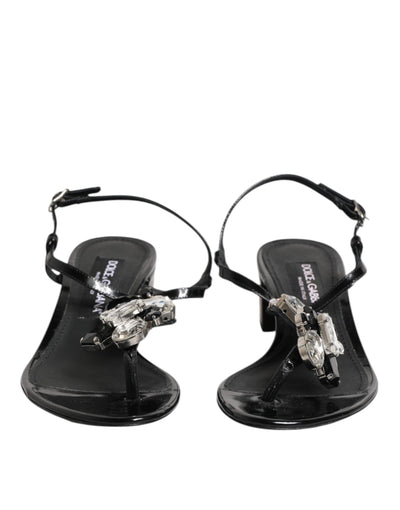 Dolce & Gabbana Schwarze Leder-Kristall-Knöchelriemen-Sandalen Schuhe