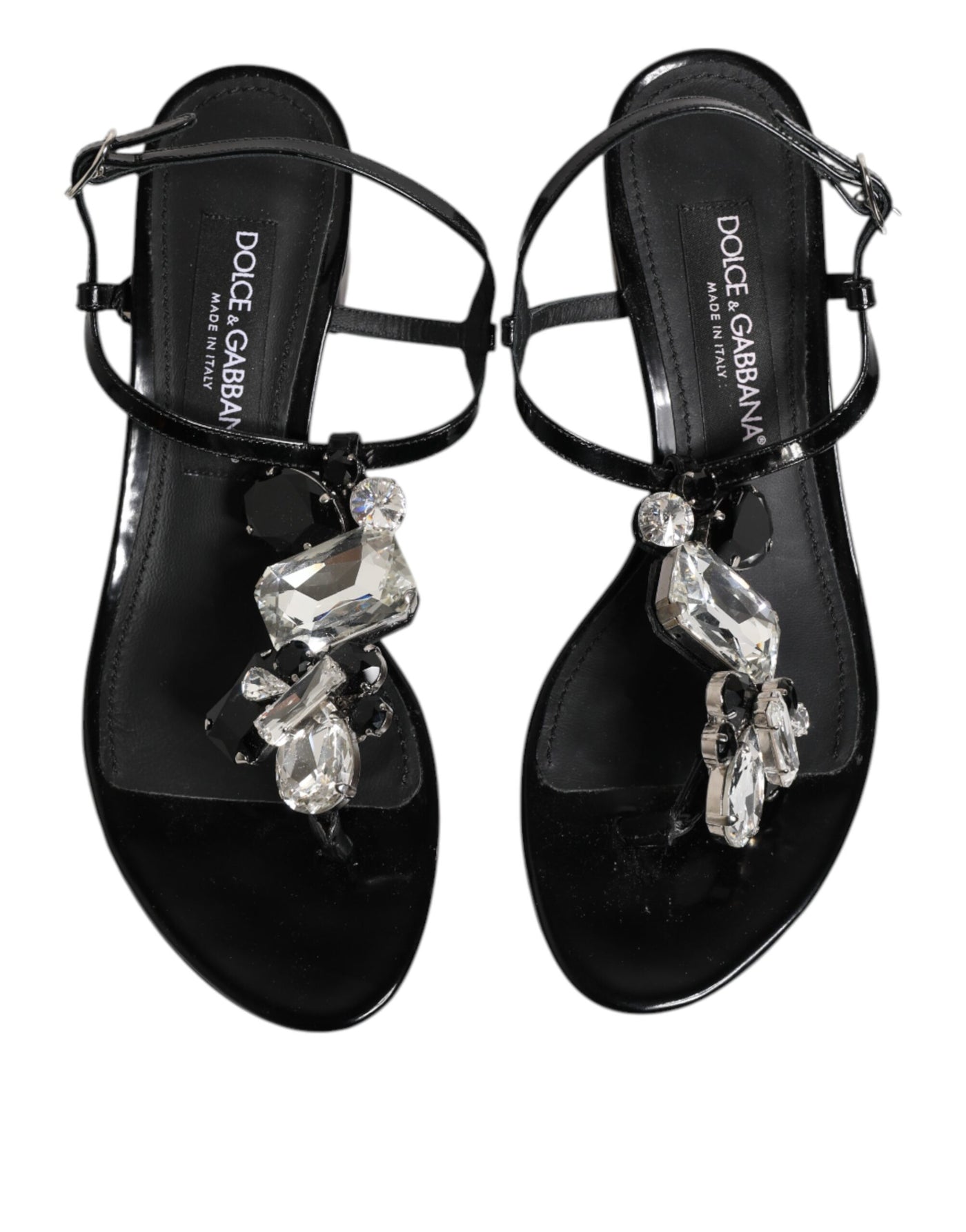 Dolce & Gabbana Schwarze Leder-Kristall-Knöchelriemen-Sandalen Schuhe