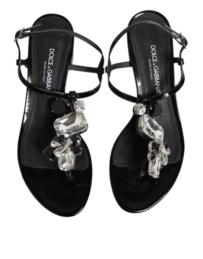 Dolce & Gabbana Schwarze Leder-Kristall-Knöchelriemen-Sandalen Schuhe